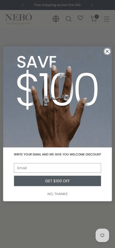 NEBŌ subscription popup on mobile